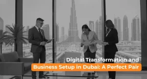 Business professionals discussing digital transformation and business setup in Dubai with Burj Khalifa in the background.