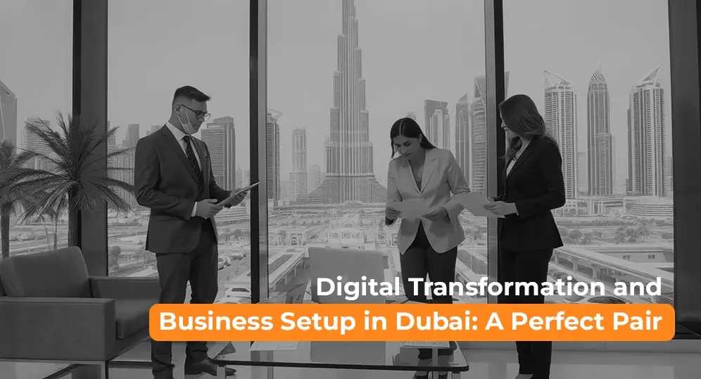 Business professionals discussing digital transformation and business setup in Dubai with Burj Khalifa in the background.