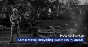 Worker inspecting scrap yard operations for starting a scrap metal recycling business in Dubai under industrial regulations.