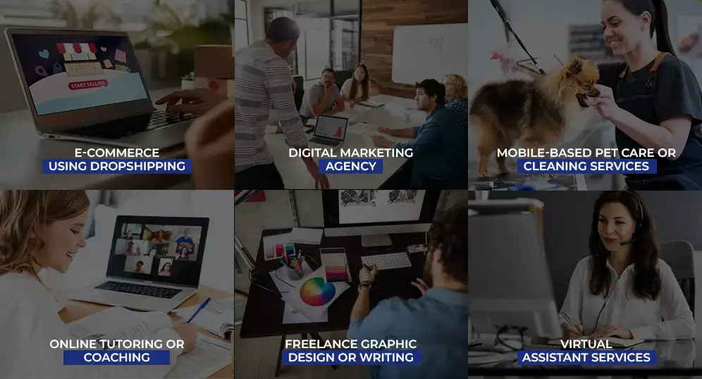 Low-cost business ideas in UAE for 2025 including dropshipping, digital marketing, tutoring, pet care, design, and virtual assistance.