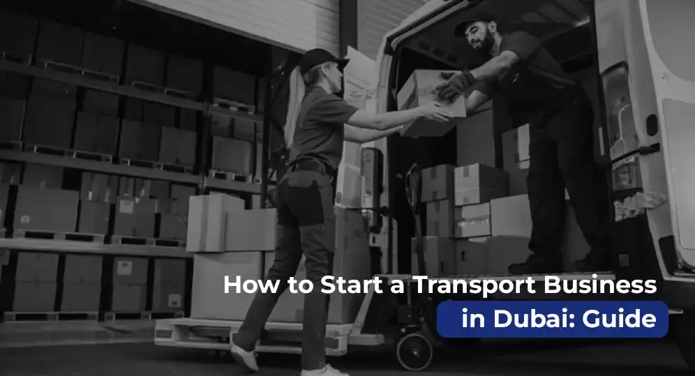 Two workers loading boxes into a van for a transport business setup in Dubai with Quickplus