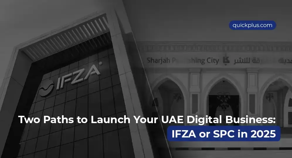 IFZA and SPC free zone comparison for UAE digital business setup in 2025, showing IFZA building and Sharjah Publishing City entrance.